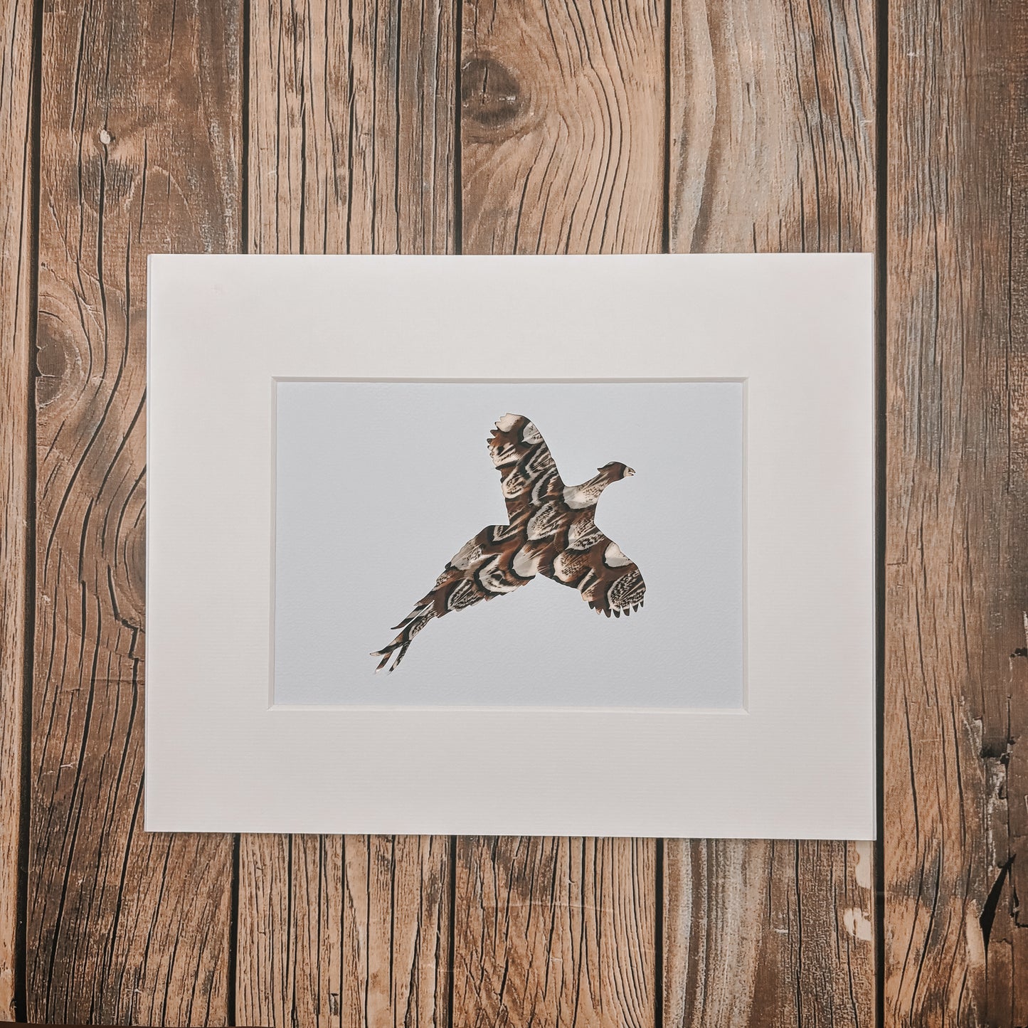 "Flying Pheasant" Backed With Cock Pheasant Feathers