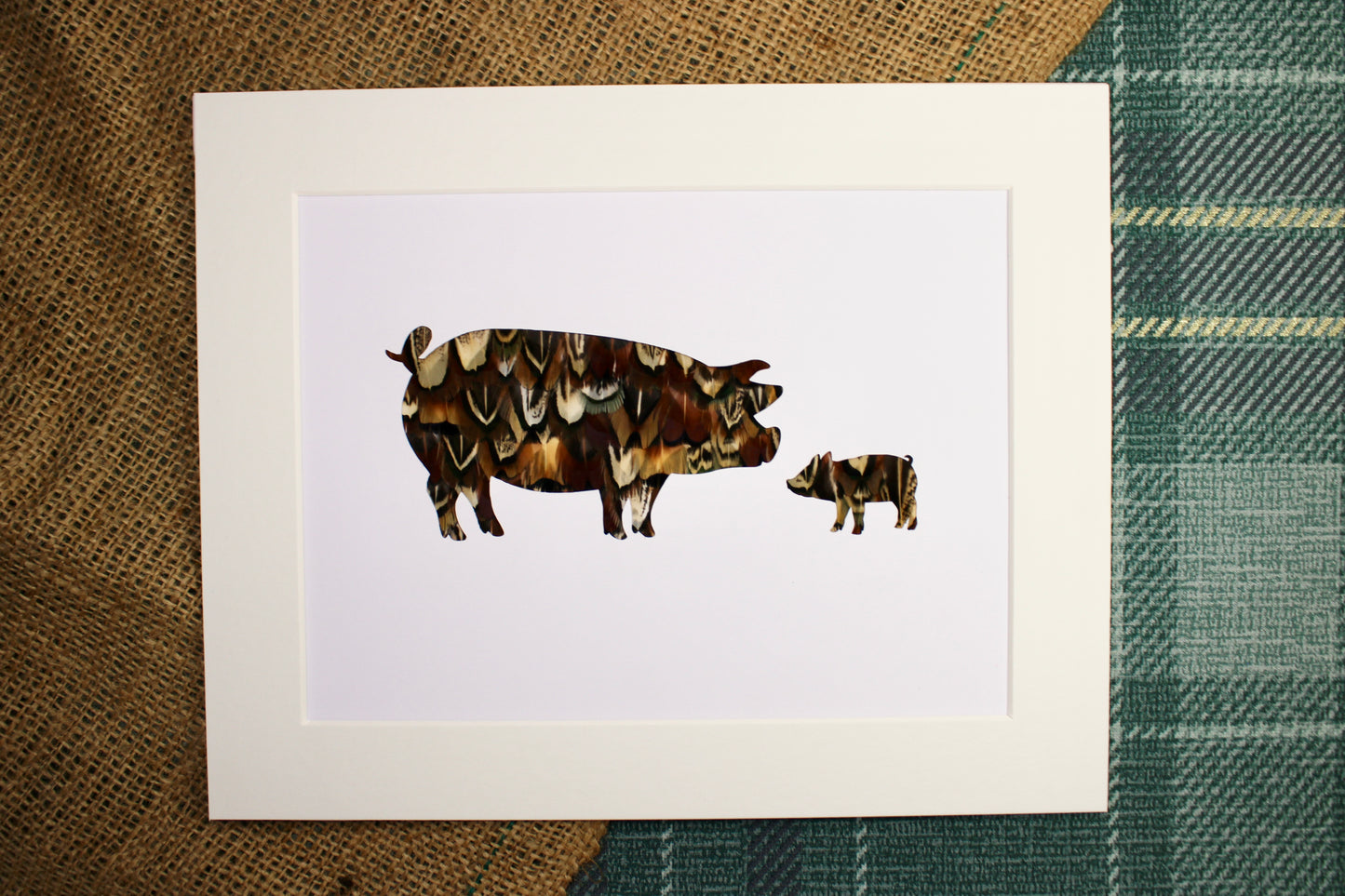 "Sow & Piglet" Backed With Pheasant Feathers