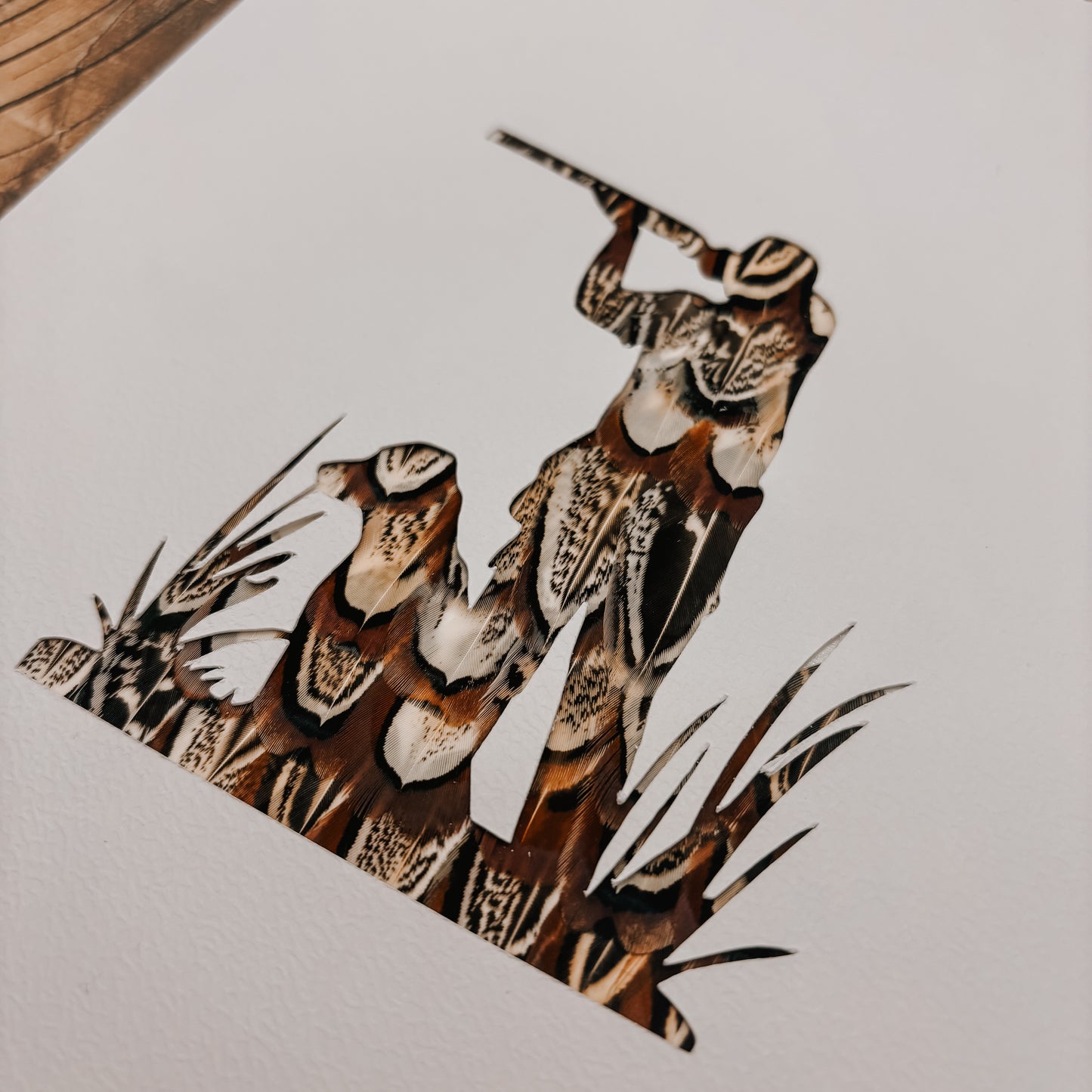 "Man & Dog" Backed With Pheasant Feathers