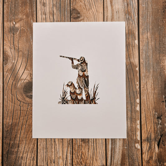 "Man & Dog" Backed With Pheasant Feathers