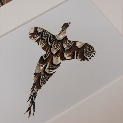 "Flying Pheasant" Backed With Cock Pheasant Feathers