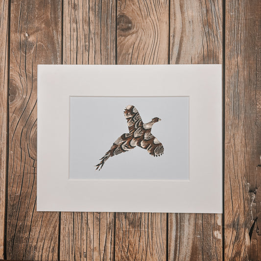 "Flying Pheasant" Backed With Cock Pheasant Feathers