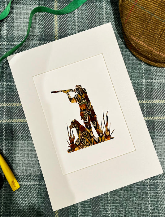 "Man & Gun" Backed With Pheasant Feathers
