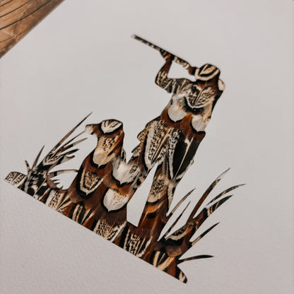 "Man & Dog" Backed With Pheasant Feathers